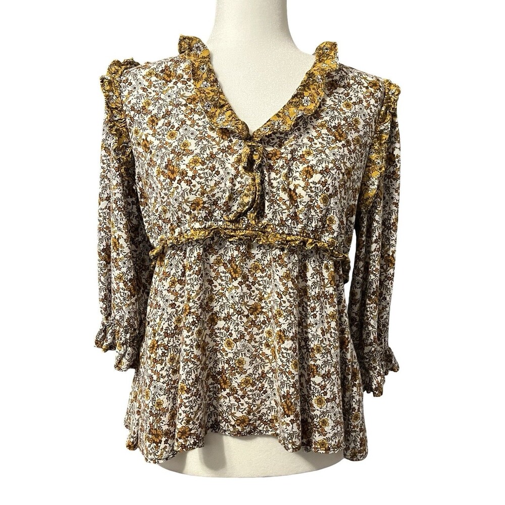 🔥 Cato Floral Peasant Top Ruffle Trim Babydoll S GUC! 🔥